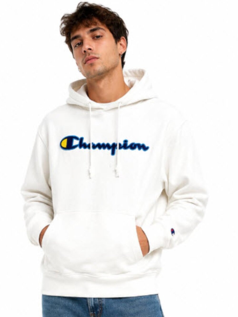 Champion Reverse Weave White Hoodie Embroidered Logo XL Blue Yellow Script